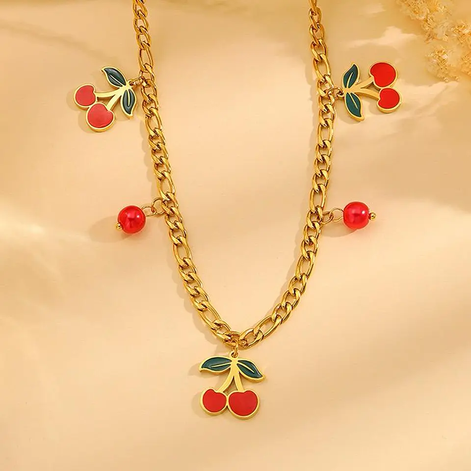 Set Collar + Aretes Cherry Charm de Acero Inoxidable 2