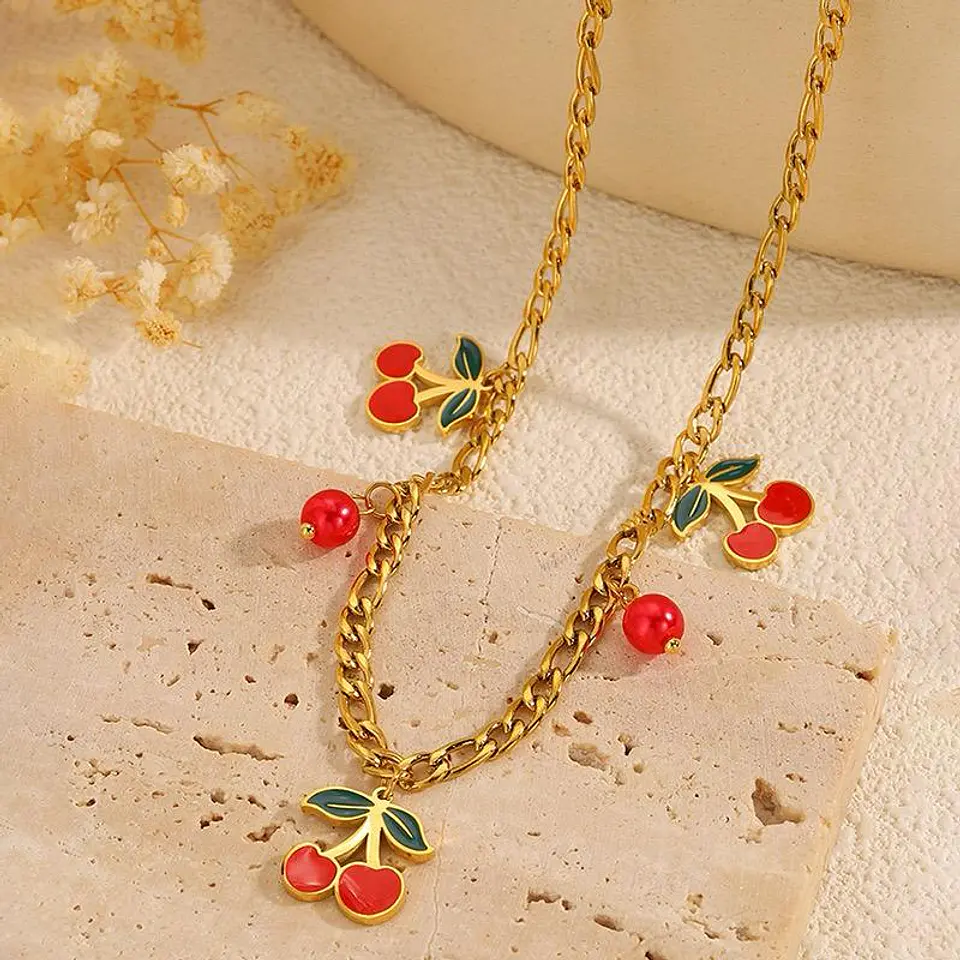 Set Collar + Aretes Cherry Charm de Acero Inoxidable 7