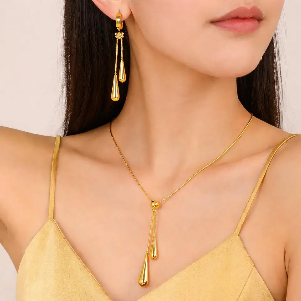 Set Collar + Aretes Lluvia Gold de Acero Inoxidable 8