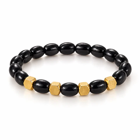 Pulsera Elástica Urban Hex con Cuentas Negras y Detalles Dorados