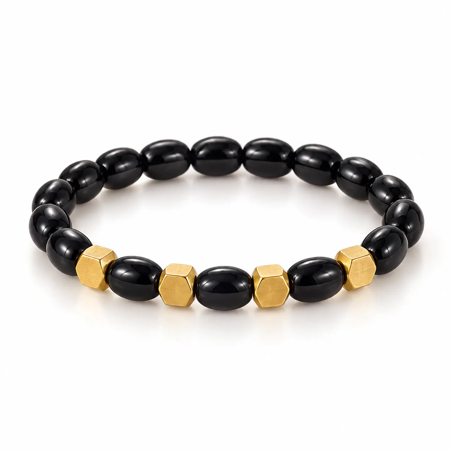 Pulsera Elástica Urban Hex con Cuentas Negras y Detalles Dorados 1