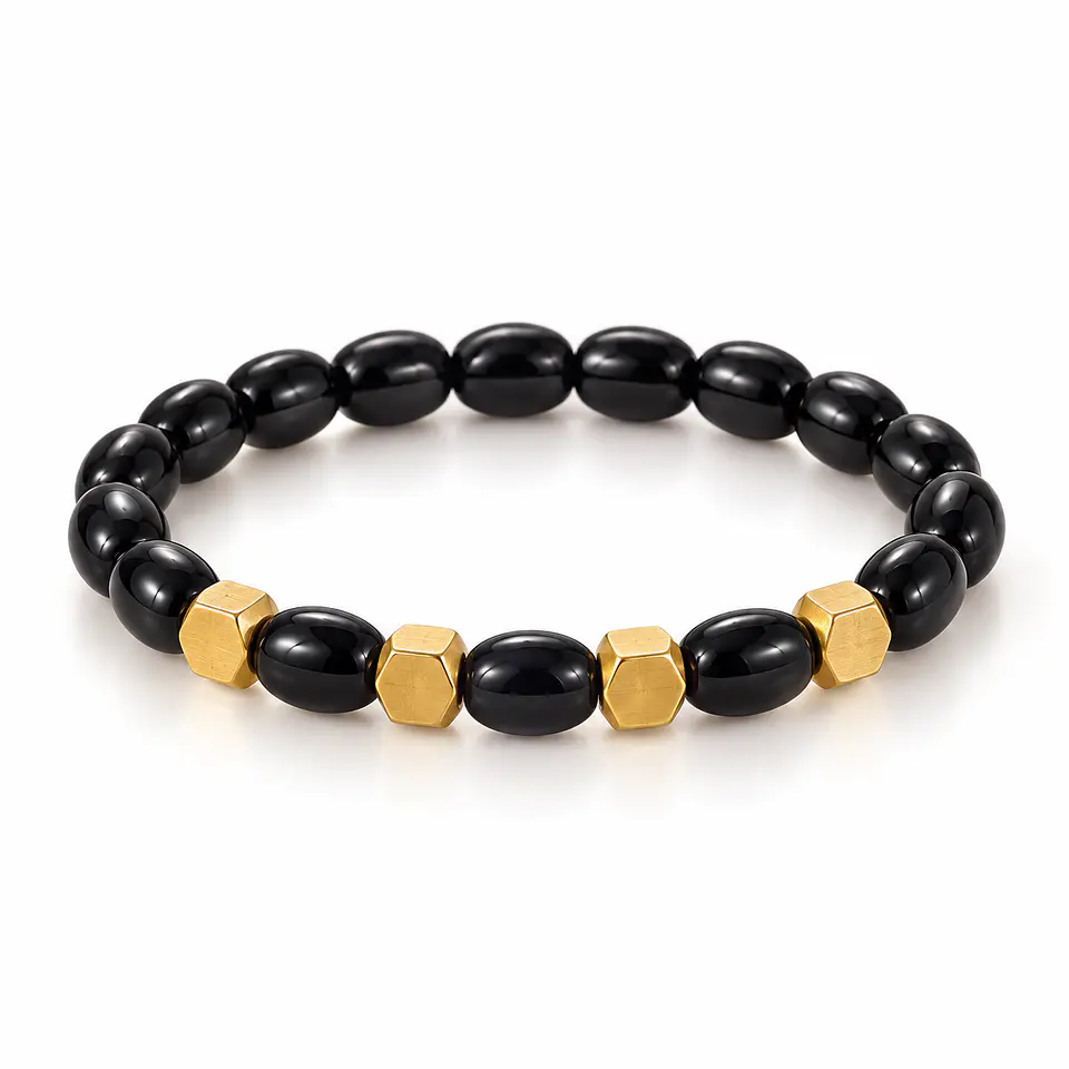 Pulsera Elástica Urban Hex con Cuentas Negras y Detalles Dorados 1