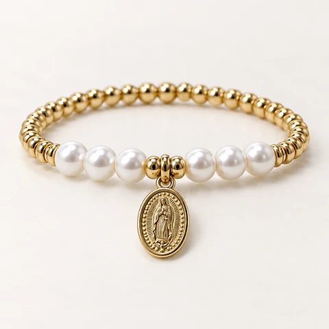 Pulsera Elástica Virgen de Guadalupe con Perlas Blancas y Medalla
