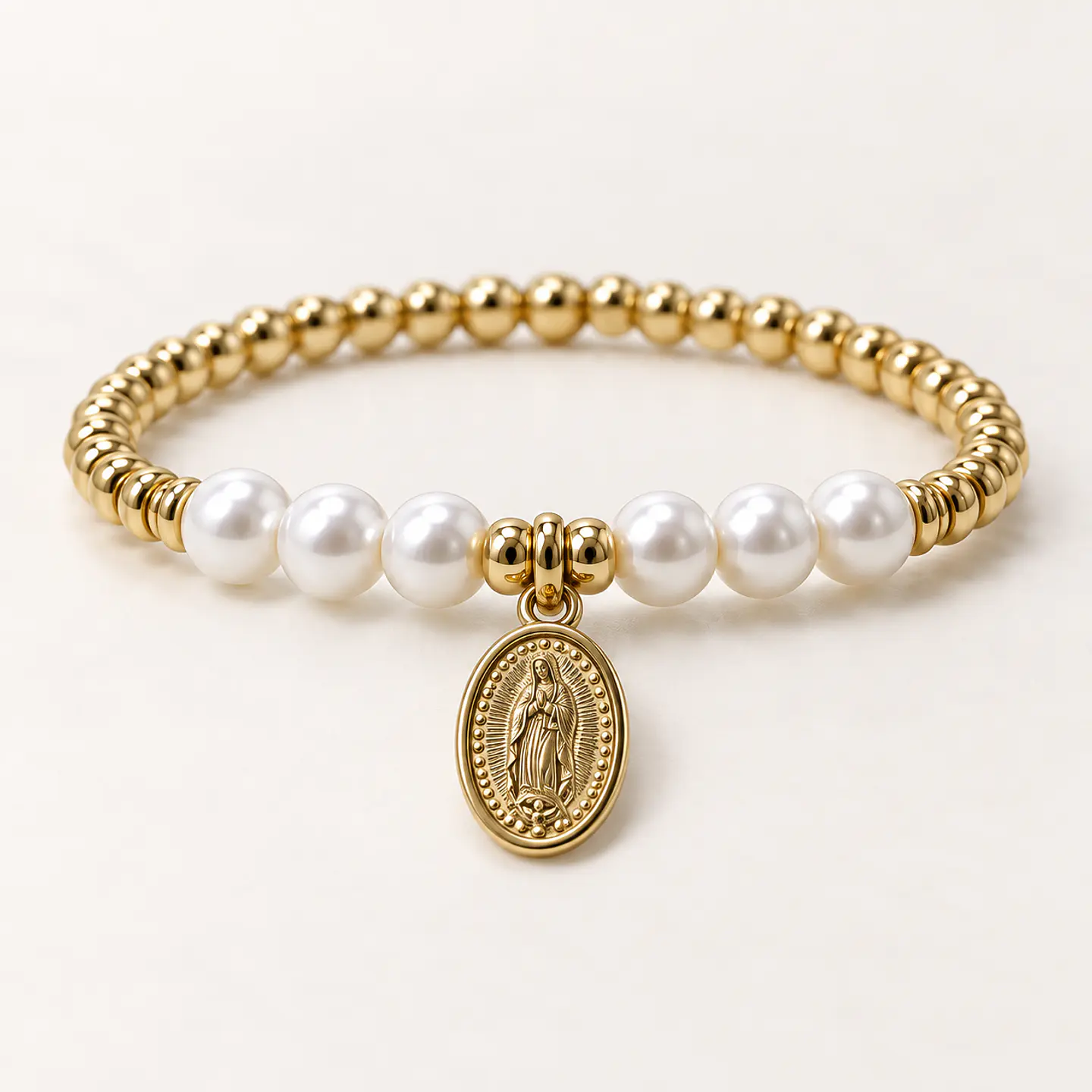 Pulsera Elástica Virgen de Guadalupe con Perlas Blancas y Medalla 1