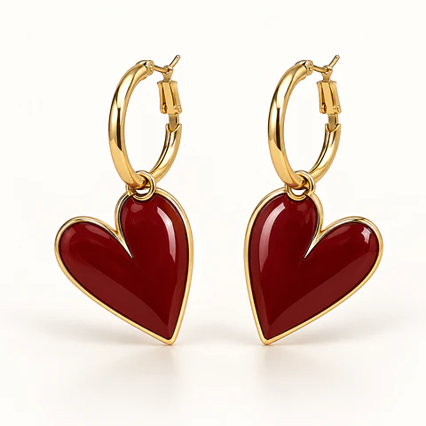 Aretes Love Vino – Corazón Rojo Colgante de Acero Inoxidable