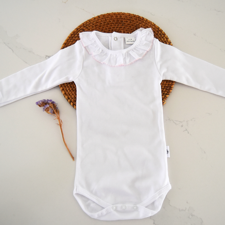 Body cardado branco para bebé com gola de folho bordado - 100% Algodão orgânico 1