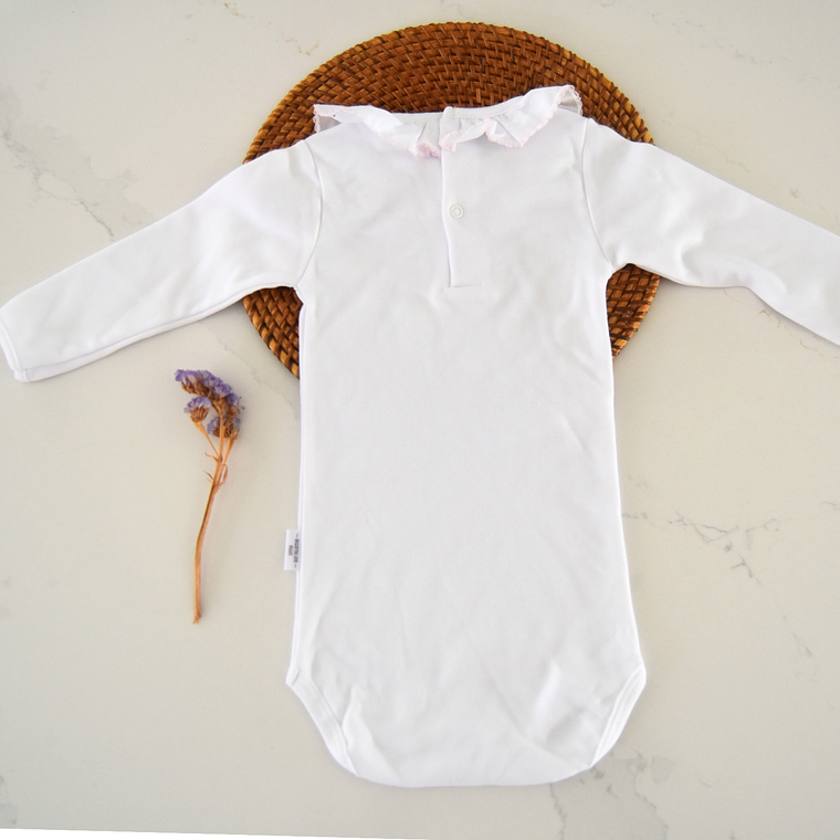 Body cardado branco para bebé com gola de folho bordado - 100% Algodão orgânico 3