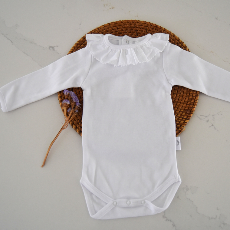 Body cardado branco para bebé com gola de folho bordado - 100% Algodão orgânico 10