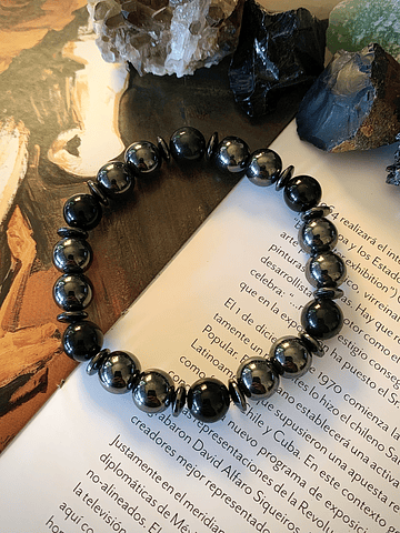 Pulsera robusta masculina con Obsidiana negra y Hematitas en cortes redondos y chatos