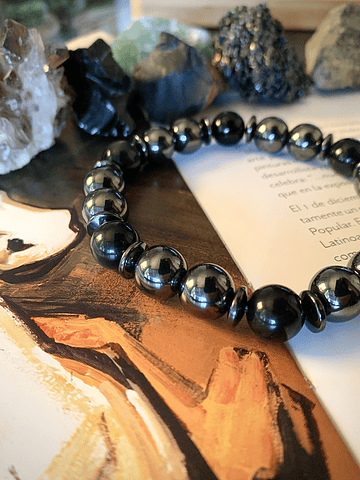 Pulsera robusta masculina con Obsidiana negra y Hematitas en cortes redondos y chatos