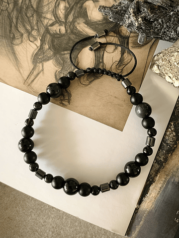 Pulsera ajustable unisex de Obsidianas, Ónix y Hematitas