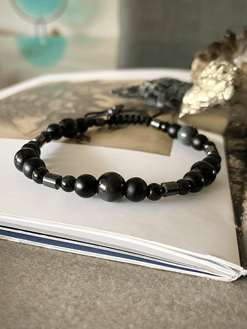 Pulsera ajustable unisex de Obsidianas, Ónix y Hematitas