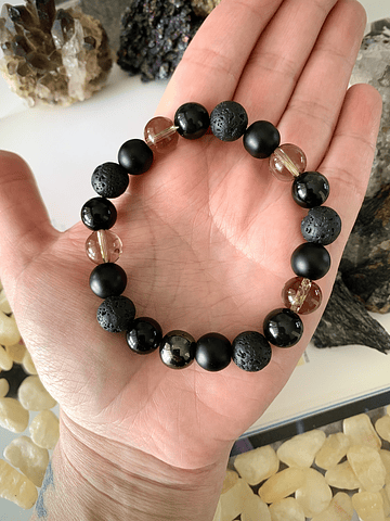 Pulsera robusta femenina con Piedra volcánica, Obsidiana, Cuarzo ahumado y Hematita