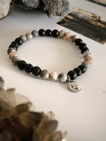 Pulsera femenina de Jaspe cebra rosa y Ónix negro