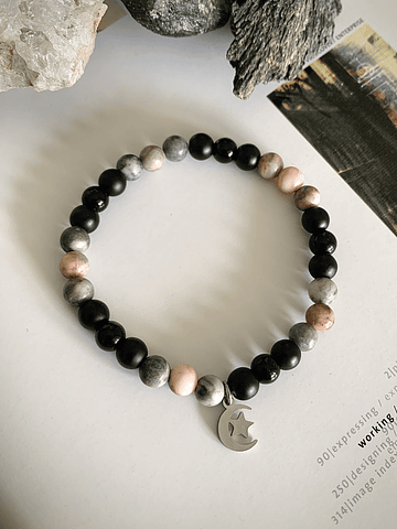 Pulsera femenina de Jaspe cebra rosa y Ónix negro