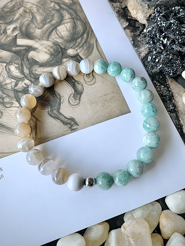 Pulsera masculina con piedras de Amazonita y Ágata blanca