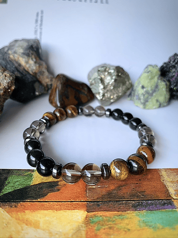 Pulsera unisex confeccionada con Ojo de tigre, Obsidiana negra y Cuarzo ahumado