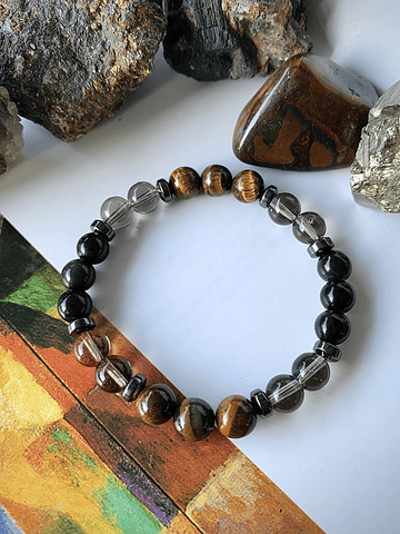 Pulsera unisex confeccionada con Ojo de tigre, Obsidiana negra y Cuarzo ahumado