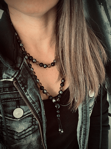 Japamala de 108 cuentas, creado con Cuarzo ahumado, Ónix negro, Hematitas y un gurú de Ágata negra