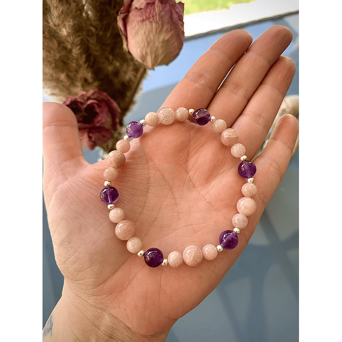 Pulsera de Piedra Luna durazno y Amatista 1