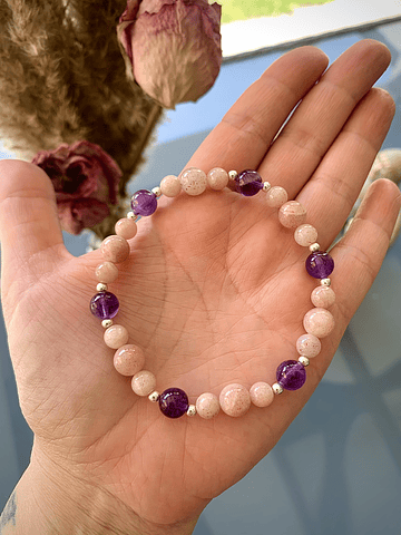 Pulsera de Piedra Luna durazno y Amatista