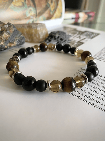 Pulsera masculina de Ojo de Tigre, Cuarzo Ahumado y Ónix negro
