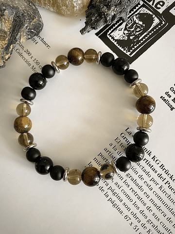 Pulsera masculina de Ojo de Tigre, Cuarzo Ahumado y Ónix negro
