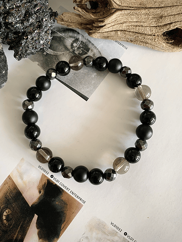 Pulsera femenina de Ónix negro, Cuarzo Ahumado y Hematita