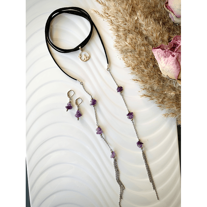 Conjunto de gamuza negra, Amatistas, Acero y dije de plata ley 925 1