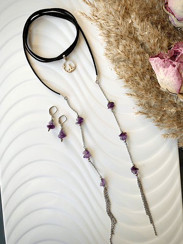 Conjunto de gamuza negra, Amatistas, Acero y dije de plata ley 925