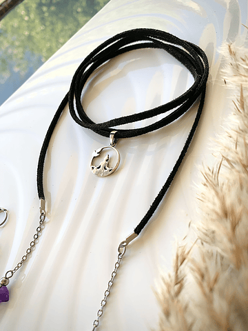 Conjunto de gamuza negra, Amatistas, Acero y dije de plata ley 925