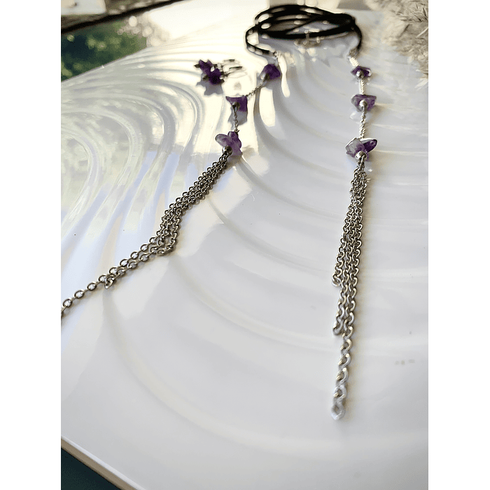 Conjunto de gamuza negra, Amatistas, Acero y dije de plata ley 925 5