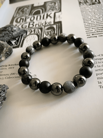 Pulsera masculina de Ónix Negro, Hematitas y Ojo de Halcón.