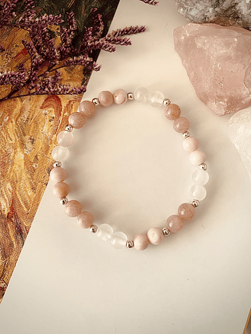 Pulsera femenina confeccionada con Selenita, Jaspe Cebra Rosa y Piedra Luna Durazno