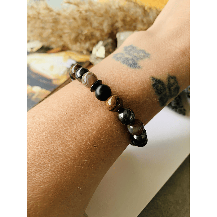 Pulsera unisex elaborada con Ojo de Tigre, Ágata Botswana, Hematita y Ónix negro mate 3