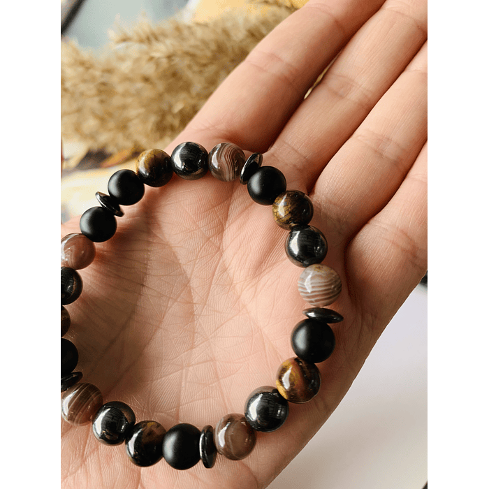 Pulsera unisex elaborada con Ojo de Tigre, Ágata Botswana, Hematita y Ónix negro mate 2