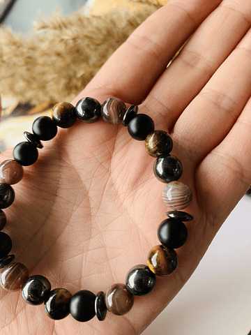 Pulsera unisex elaborada con Ojo de Tigre, Ágata Botswana, Hematita y Ónix negro mate