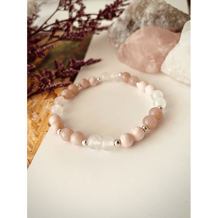 Pulsera femenina confeccionada con Selenita, Jaspe Cebra Rosa y Piedra Luna Durazno 2