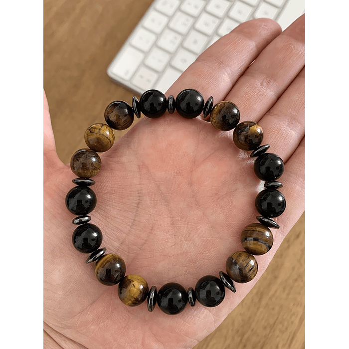 Pulsera masculina creada con Obsidiana negra, Ojo de tigre y anillos de Hematita 1