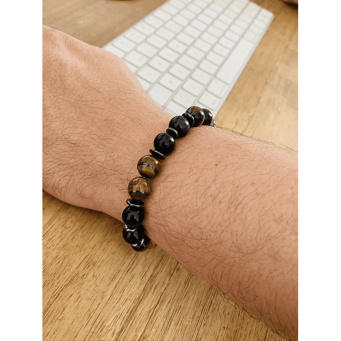 Pulsera masculina creada con Obsidiana negra, Ojo de tigre y anillos de Hematita 2