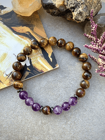 Pulsera unisex creada con piedras de Ojo de Tigre, Amatistas, Hematitas y Ojo de buey