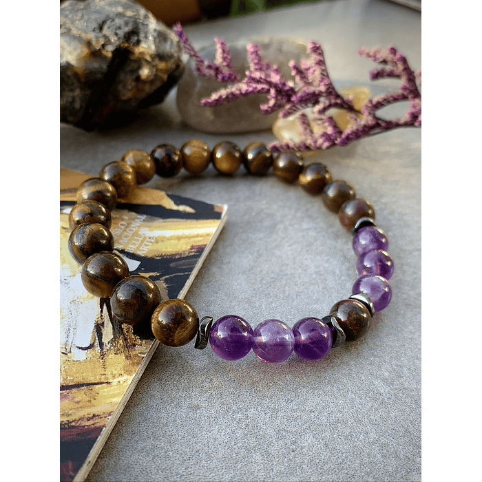 Pulsera unisex creada con piedras de Ojo de Tigre, Amatistas, Hematitas y Ojo de buey 2