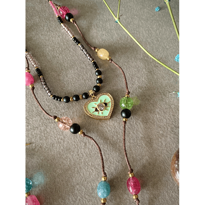 Conjunto de collar doble y aros, creado con Jade en variados colores y Ónix negro mate 3