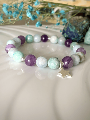 Pulsera femenina creada con Aguamarina, Amazonita y Amatista
