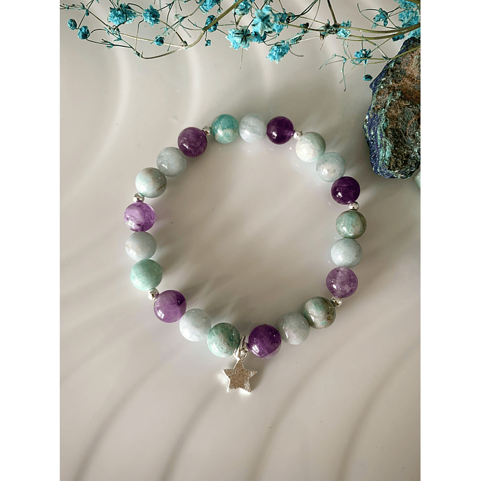 Pulsera femenina creada con Aguamarina, Amazonita y Amatista 1