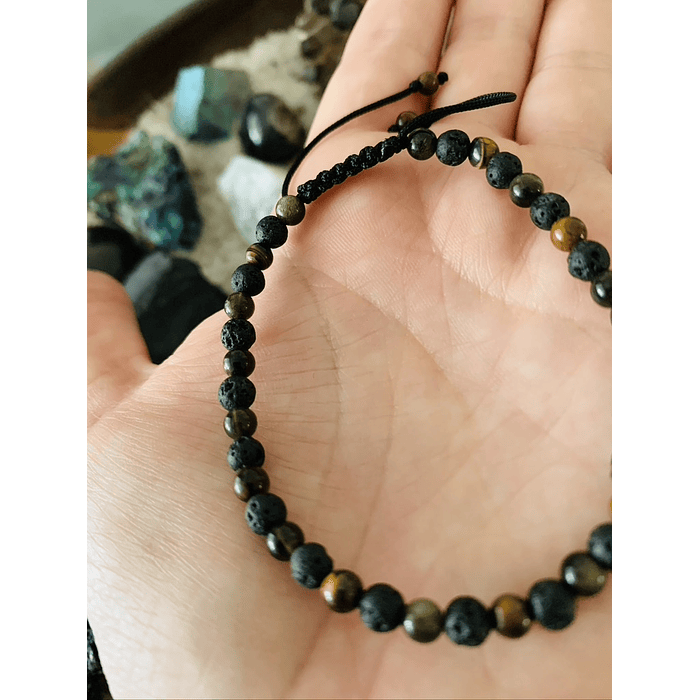 Pulsera de hilo unisex ajustable, creada con Piedra volcánica, Ojo de tigre y Obsidiana dorada 2