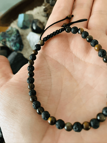 Pulsera de hilo unisex ajustable, creada con Piedra volcánica, Ojo de tigre y Obsidiana dorada