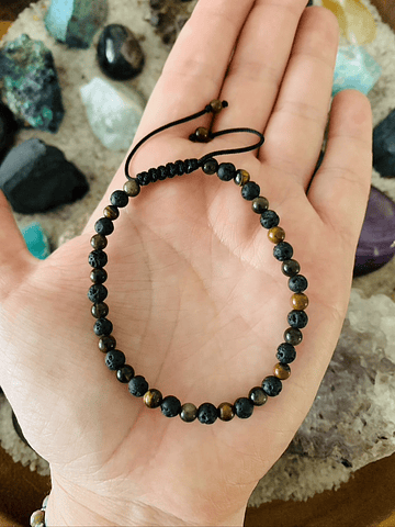 Pulsera de hilo unisex ajustable, creada con Piedra volcánica, Ojo de tigre y Obsidiana dorada