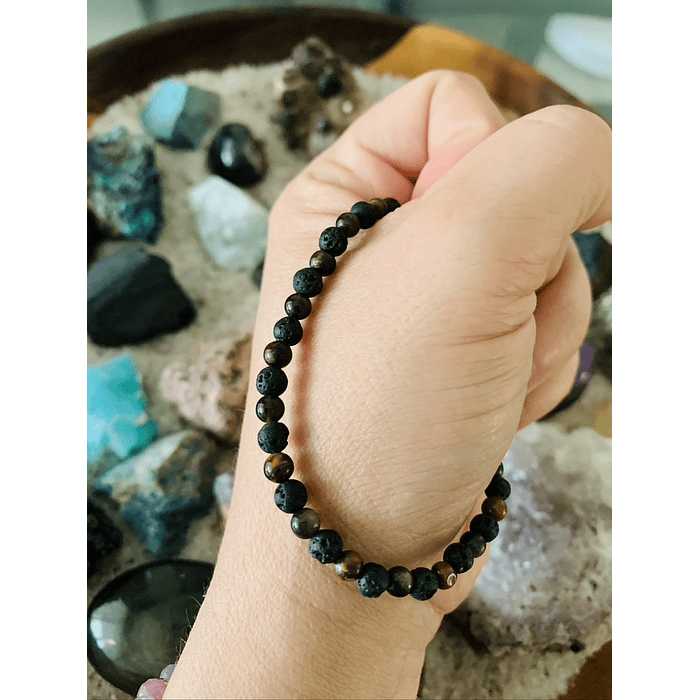 Pulsera de hilo unisex ajustable, creada con Piedra volcánica, Ojo de tigre y Obsidiana dorada 3