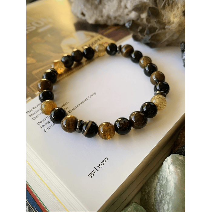 Pulsera masculina con Ojo de Tigre, Hematitas, Ágata negra y Vena de Dragón 1
